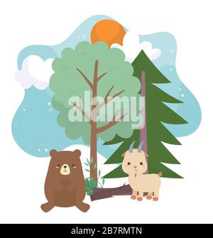 camping mignon ours et goat trunk arbres soleil nuages dessin vectoriel de dessin animé Illustration de Vecteur