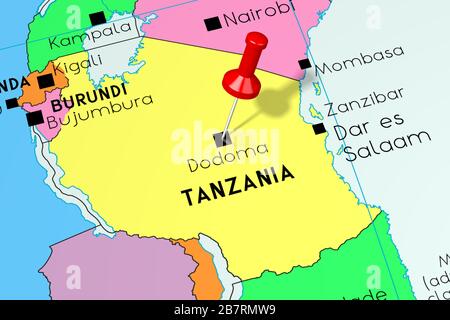 Tanzanie, Dodoma - capitale, épinglée sur la carte politique Banque D'Images