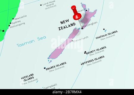 Nouvelle-Zélande, Wellington - capitale, épinglée sur la carte politique Banque D'Images