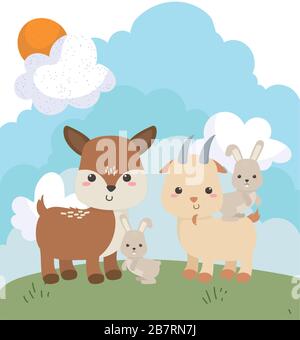 camping mignon petits lapins chèvre et cerf herbe dessin vectoriel de dessin animé Illustration de Vecteur