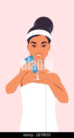 jeune femme appliquant de la crème de peau vêtue de serviette fille nettoyage et soin de son visage soins spa soin du visage soin du visage concept portrait illustration vectorielle Illustration de Vecteur