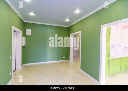 Couloir vide avec murs verts et sol en marbre dans un nouvel appartement avec une rénovation fraîche. Les portes mènent du hall aux différentes chambres Banque D'Images