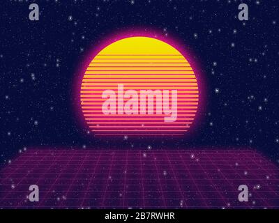 Arrière-plan abstrait rétro des années 1980 avec étoile, grille rouge et coucher de soleil Banque D'Images