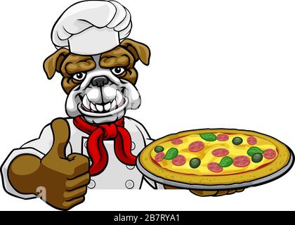 Panneau de mascotte du restaurant Bulldog Pizza Chef Cartoon Illustration de Vecteur