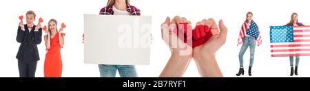 collage de couple tenant des coeurs, femme avec un placarde blanc, des mains en forme de coeur et drapeau américain Banque D'Images