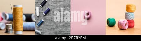 collage de bobines et de tissus colorés à fils de coton, concept de couture Banque D'Images