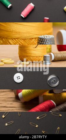 collage de bobines et de tissus colorés à fils de coton, concept de couture Banque D'Images