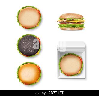 Ensemble de vues de dessus et de côté réalistes isolées. Poche de hamburger Fast Food. Récipient blanc avec délicieux hamburger noir. Vecteur Illustration de Vecteur