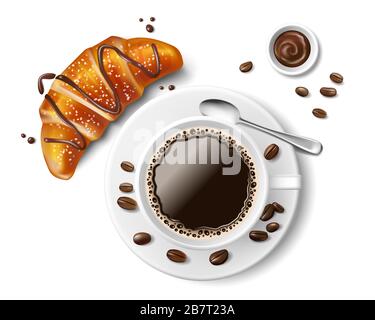 Croissant avec tasse à café isolée. Un croissant français traditionnel réaliste avec du chocolat et des grains de café pour le petit-déjeuner ou le déjeuner. Illustration vectorielle Illustration de Vecteur