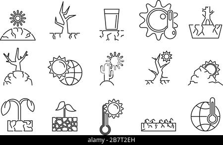 Icônes de l'environnement de sécheresse définies. Aperçu de l'ensemble des icônes vectorielles de l'environnement de sécheresse pour la conception de sites Web isolés sur fond blanc Illustration de Vecteur