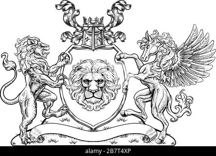 Armoiries Pegasus Lion Crest Shield Family Seal Illustration de Vecteur