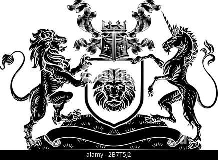 Licorne Lion Crest Armoiries Bouclier Héraldique Illustration de Vecteur