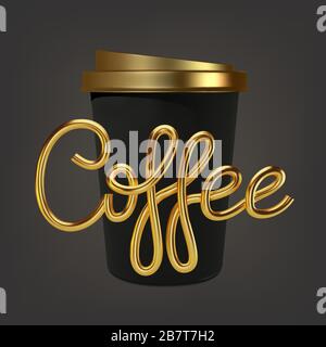 Tasse à café réaliste en papier et café doré. Mugs à café Mockup en 3 dimensions. Verre jetable pour boissons. Modèle pour les produits, bannières Web et Illustration de Vecteur