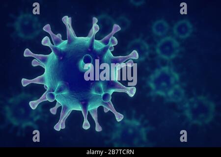 Concept de coronavirus. Gros plan du virus du microscope. rendu tridimensionnel. Banque D'Images