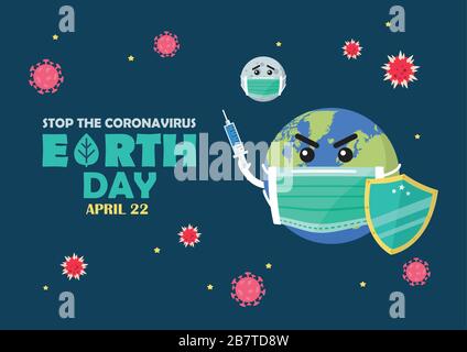 Journée de la Terre arrêtez la bannière de concept de Coronavirus. Planète Terre porter un masque médical de protection et utiliser un vaccin pour protéger et combattre les environs de Covid-1 Illustration de Vecteur