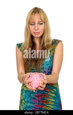 Portrait d'une belle femme blonde avec une banque de porc Banque D'Images