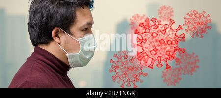 Bannière de l'homme asiatique portant le masque de visage contre la pollution atmosphérique et le virus Corona sur la lourde PM 2.5 sur le contexte urbain de bangkok, les soins de santé et Banque D'Images