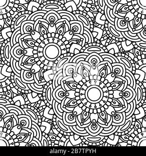 Mandala modèle ethnique sans couture. Page de coloration adulte. Arrière-plan de répétition noir et blanc. Illustration vectorielle. Illustration de Vecteur