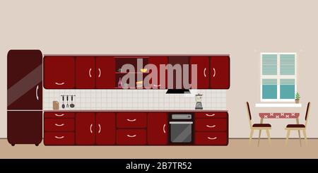 Cuisine intérieur rouge repas illustration plate avec mixeur four table de réfrigérateur avec table en bois et chaise et fenêtre et vaisselle sur fond rose Illustration de Vecteur
