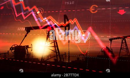 Le pétrole et le carburant dans le concept de crise. Graphique de la chute des prix du pétrole sur les marchés mondiaux avec la silhouette de la pompe de travail en arrière-plan. Banque D'Images