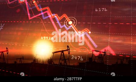 Le pétrole et le carburant dans le concept de crise. Graphique de la chute des prix du pétrole sur les marchés mondiaux avec la silhouette de la pompe de travail en arrière-plan. Banque D'Images