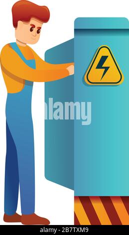 Icône du panneau ingénieur et tension. Dessin animé d'un ingénieur et icône vectorielle de panneau de tension pour la conception de sites Web isolée sur fond blanc Illustration de Vecteur