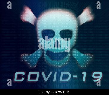 Symbole de piratage COVID-19 avec crâne et code binaire en arrière-plan Banque D'Images