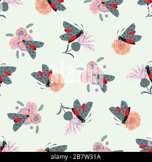 Six points burnet papillon sans couture vecteur modèle arrière-plan. Jour de vol papillon sur toile de fond vert pastel. Toile de fond des insectes écossais. Tout Illustration de Vecteur