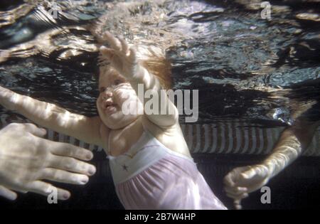 Austin, Texas États-Unis: Parent atteint dehors pour attraper bébé sous l'eau pendant la classe de natation pour les bébés. ©Bob Daemmrich Banque D'Images