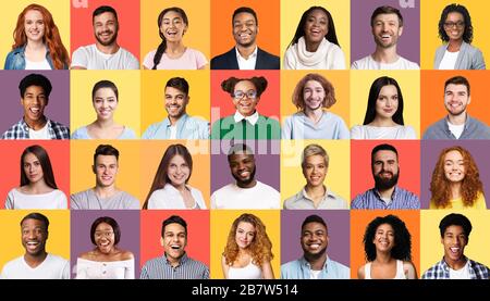 Collage de personnes multiraciales réussies de la génération du millénaire sur des arrière-plans colorés Banque D'Images
