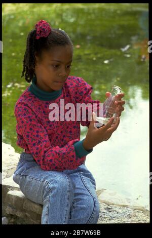 Austin Texas USA, 1991: Étudiant de classe 7th explore un étang à Zilker Park dans le cadre d'expériences scientifiques. M. EV-82-07 ©Bob Daemmrich Banque D'Images