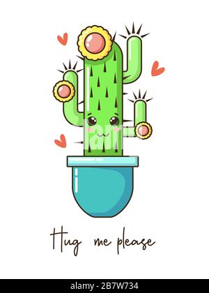 Mignon dessin animé kawaii cactus avec visage drôle en pot, fleur de couronne et voeux. Illustration vectorielle dessinée à la main, texte mode. Motif pépinière Illustration de Vecteur