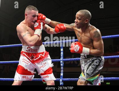 Steve Williams (short rouge/blanc) bat Michael Grant lors d'un concours de boxe Light-Welterweight pour remporter le titre anglais au York Hall, Bethnal Green, p Banque D'Images