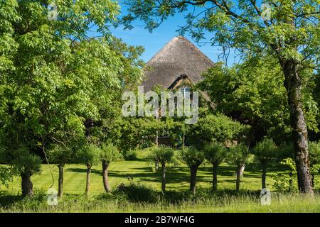 Haubarg, ferme avec un énorme grenier pour le foin, typique du paysage d'Eiderstedt, Frise du Nord, Schleswig-Holstein, Allemagne du Nord, Europe centrale Banque D'Images