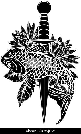 Dessin d'une illustration de style d'esquisse d'un poisson de truite et d'un couteau de cuisinier vu Illustration de Vecteur