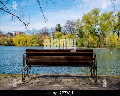 Banc au bord d'un lac dans un parc. Arbres, eau et ciel bleu. Banque D'Images