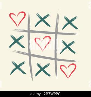 Jeu TIC tac TOE avec croix et signe de coeur. XOXO. Brosse dessinée à la main. Bonne carte de Saint Valentin. Illustration de Vecteur