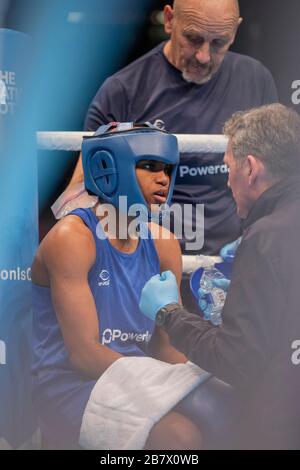 Ala Staradub (BLR) contre Caroline Budois (GBR) rivalisent dans le qualificatif Boxing Road to Tokyo à Londres (GBR), dans la Women’s Light (57-60 kg), le 14 Banque D'Images