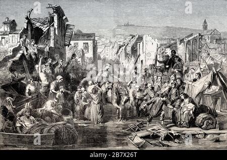 Louis Napoléon III, empereur français, aide les victimes des inondations dans les rues de Lyon, France, 1856 Banque D'Images