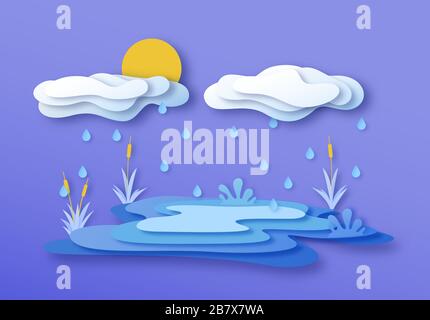 Paysage de lac découpé en papier avec nuages de pluie et plantes marécageuses sur fond coloré isolé. Environnement aquatique bleu en relief pour l'artisanat pour la conce en extérieur Illustration de Vecteur