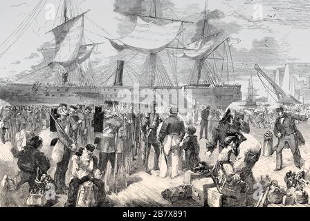 Embarquement des soldats à Portsmouth, Hampshire, Angleterre, rébellion indienne de 1857 Banque D'Images