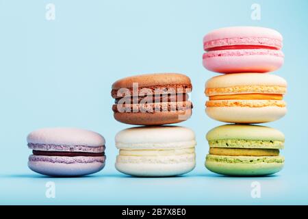 Les cookies macaroni de différentes couleurs sont disposés en forme de marches pyramidales sur un fond bleu. Espace libre. Le concept de minimalisme Banque D'Images