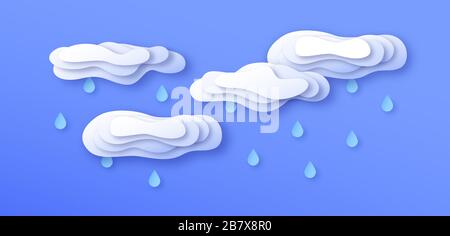 Le papier coupe les nuages de tempête avec des gouttes d'eau de pluie sur fond bleu isolé. Paysage d'artisanat dématérialisé en trois dimensions pour le changement climatique ou les conditions météorologiques Illustration de Vecteur