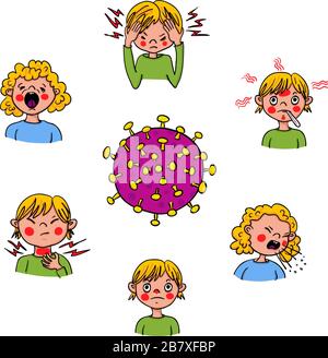 Montrant les symptômes du Covid-19 chez les enfants comme la fièvre, la toux, le mal de tête-Coronavirus-SRAS-COV-2- illustration vectorielle tirée à la main Illustration de Vecteur