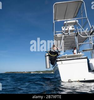 Femme se préparant à la plongée sous-marine en bateau, Aquario Dive site, Roatan, Honduras Banque D'Images