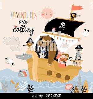 De jolis animaux de bande dessinée piratent la voile dans leur bateau Illustration de Vecteur