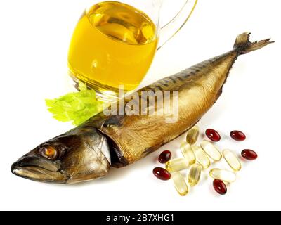 Omega 3 Poissons sur fond blanc Banque D'Images