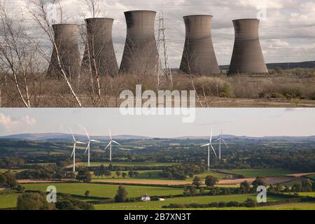 Énergie propre et production d'énergie polluante. Centrales nucléaires et pylônes d'électricité par rapport aux éoliennes Banque D'Images