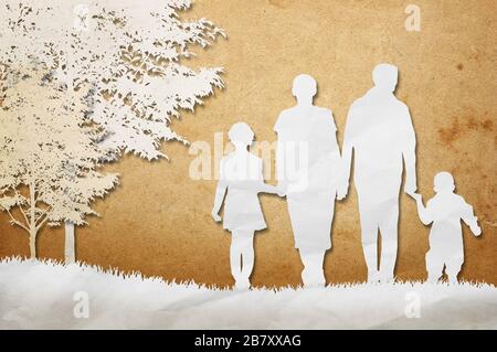 Papier coupé d'une famille marchant dans le parc. Banque D'Images