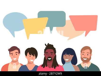 Les gens avatars avec des bulles de spaces. Communication entre hommes et femmes, lacustre de discussion. Collègues, équipe, réflexion, question, idée, réfléchir au concept. Illustration de Vecteur